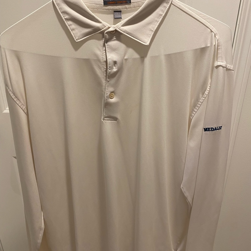 Peter Millar white long sleeve polo Medalist Golf Club logo